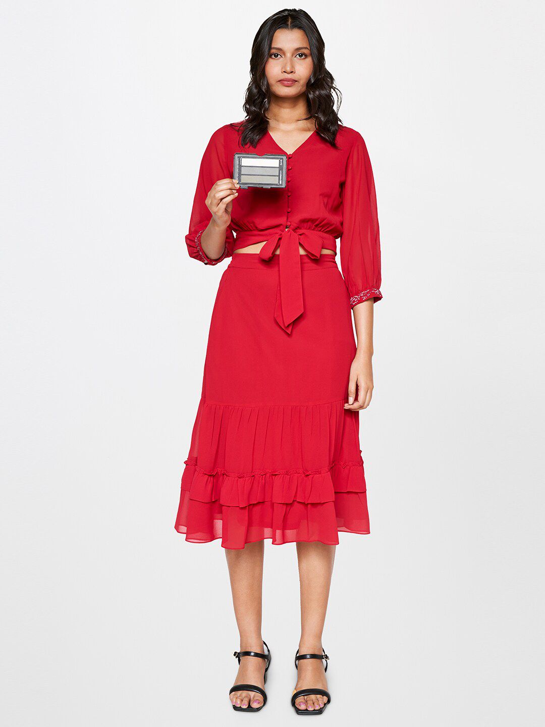 AND V-Neck Puff Sleeves Crop Top With Skirt Co-Ords