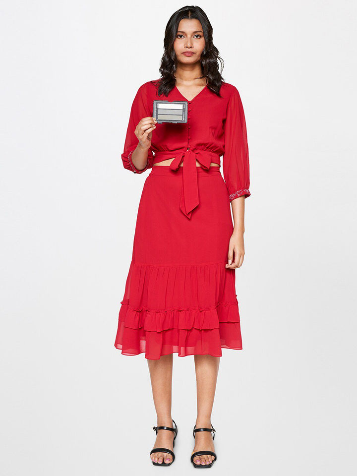 AND V-Neck Puff Sleeves Crop Top With Skirt Co-Ords