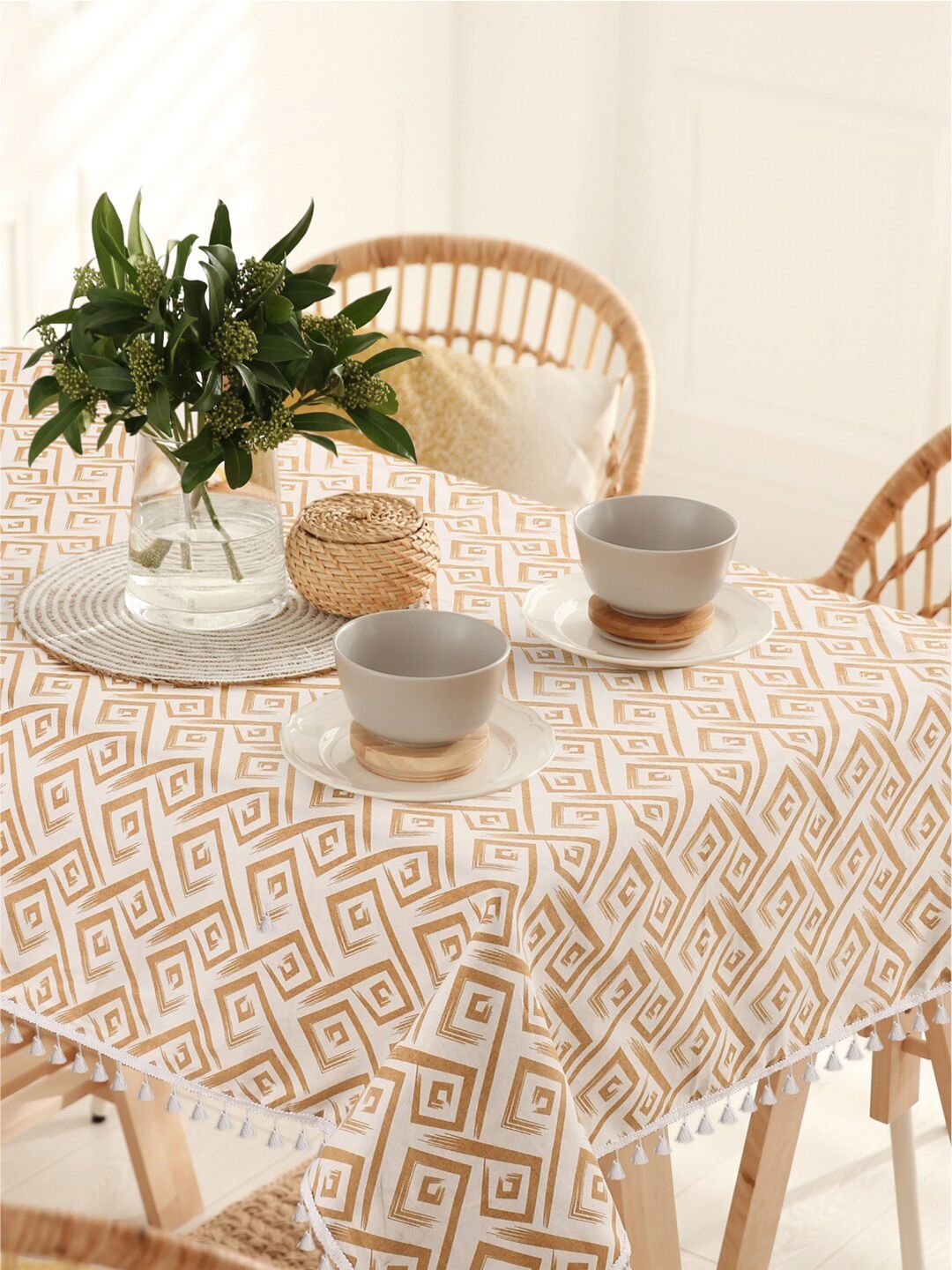 URBAN SPACE Taupe & White Printed Pure Cotton 6-Seater Table Cover