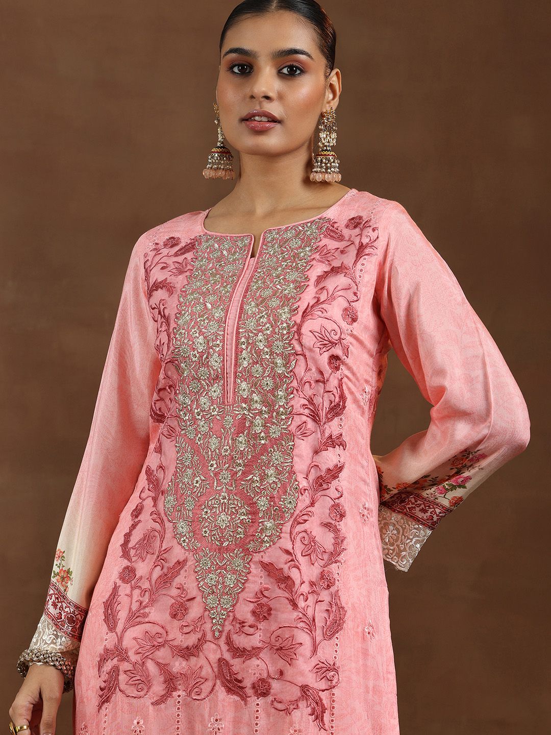 Libas Floral Embroidered Zari Schiffli Straight Kurta with Trousers & Dupatta