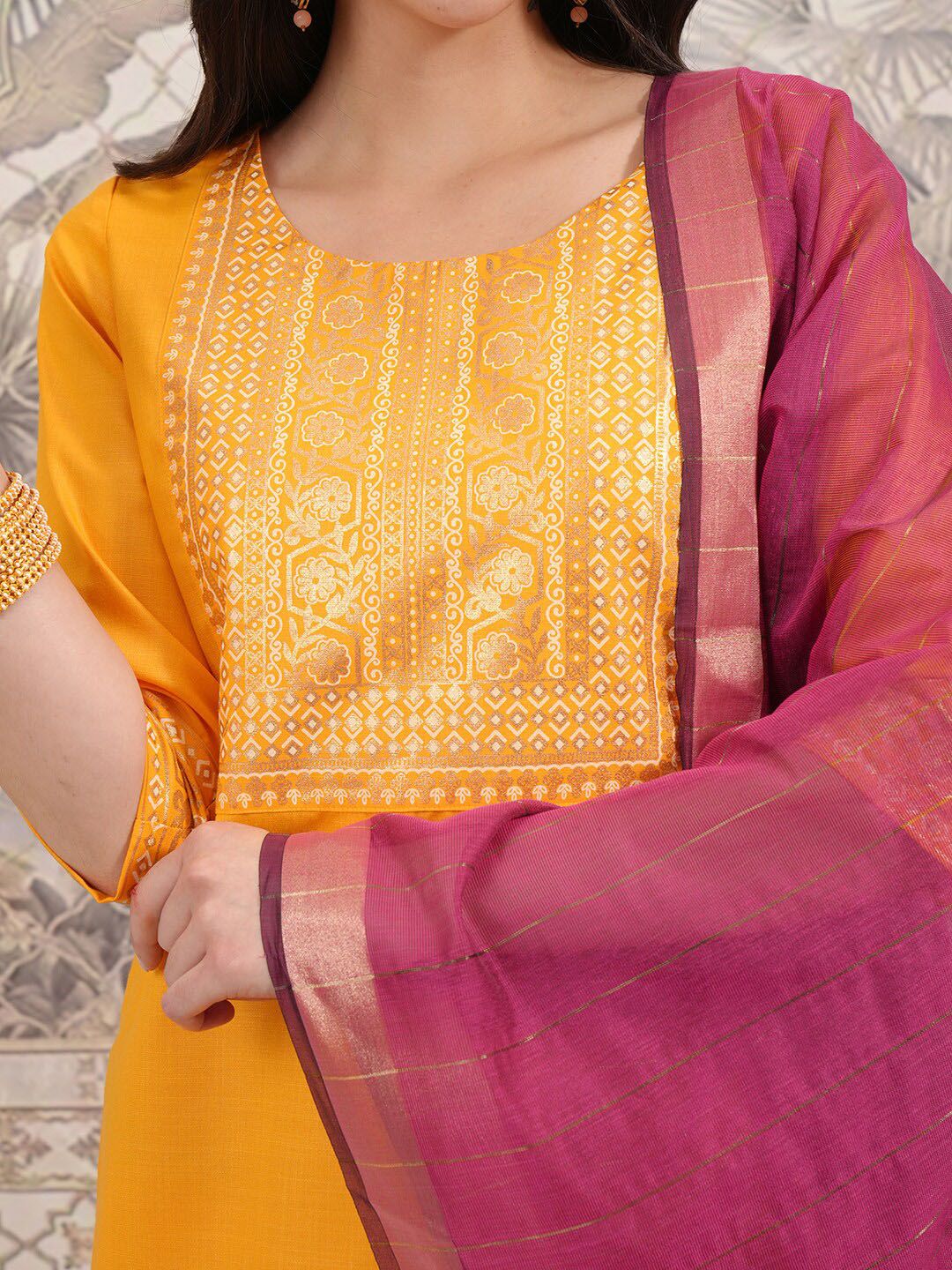 Vishudh Floral Yoke Design Straight Kurta with Palazzos & With Dupatta