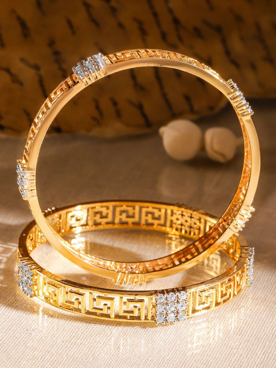 Rubans Set of 2 22K Gold-Plated Greek Key Design & Cubic Zirconia Handcrafted Bangles