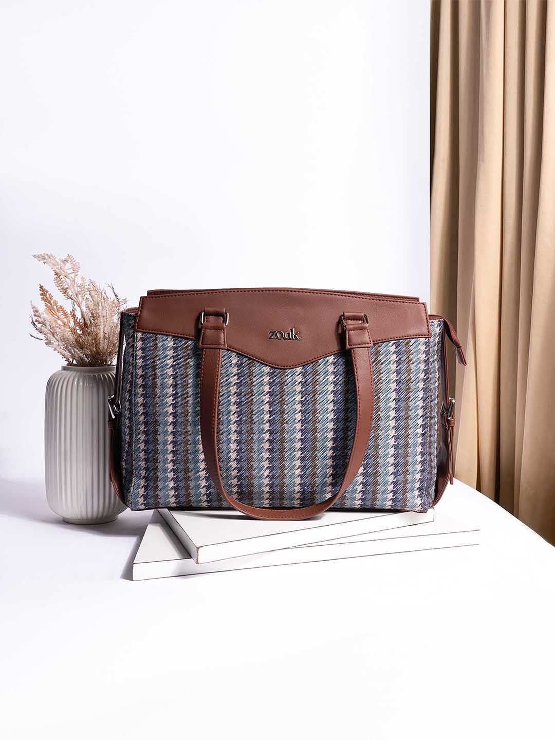 ZOUK Bombay Houndstooth Geometric Printed Structured Shoulder Bag