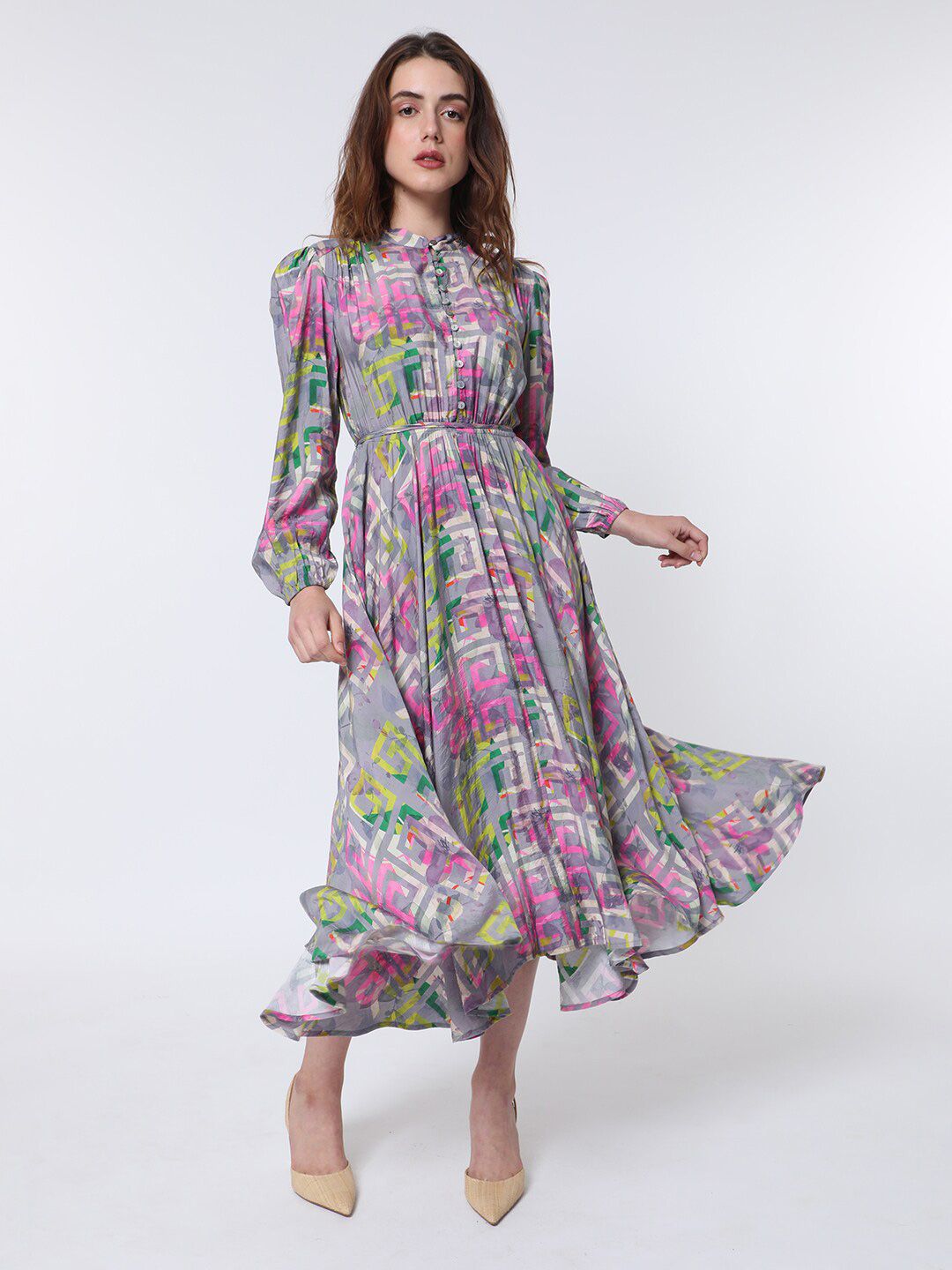 Rareism A-line Geo Floral Midi Dress