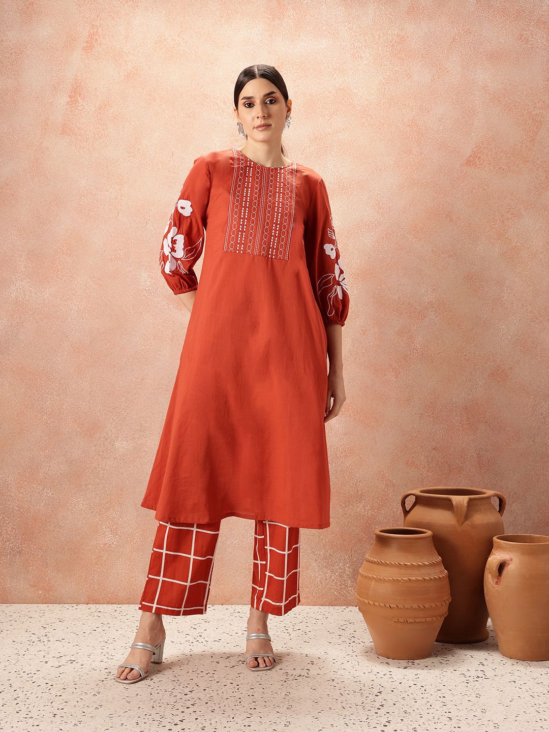 all about you Yoke Design Regular Thread Work Pure Cotton Kurta & Trousers