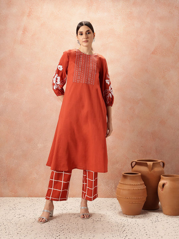 all about you Yoke Design Regular Thread Work Pure Cotton Kurta & Trousers