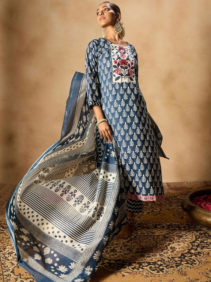 Indo Era Ethnic Motifs Printed Thread Work Pure Cotton Straight Kurta & Trousers & Dupatta