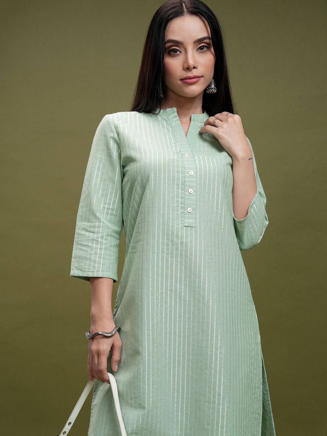 Vishudh Green Striped Mandarin Collar Pure Cotton Straight Kurta With Trousers