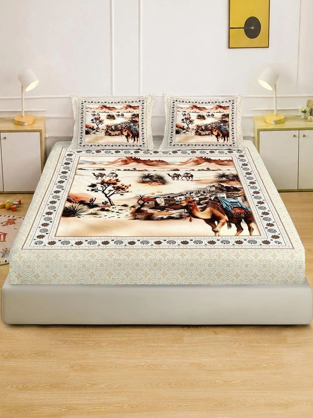 KLOTTHE Cream-Coloured Conversational 400 TC King Bedsheet with 2 Pillow Covers