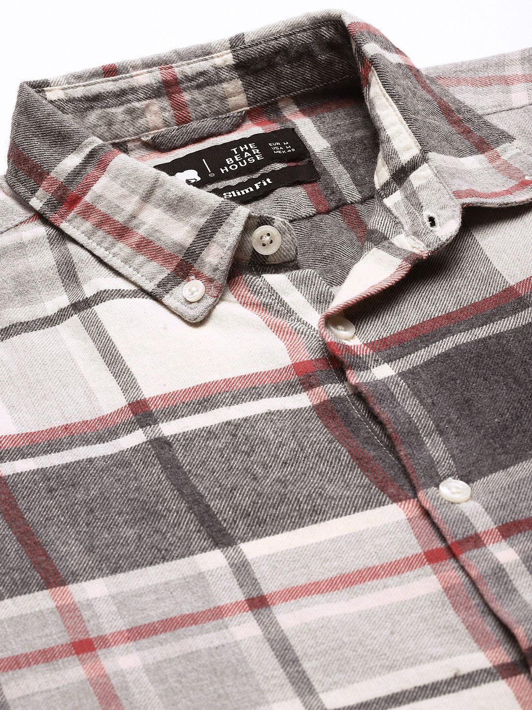 THE BEAR HOUSE Men Grey Slim Fit Pure Cotton Checked Casual Shirt