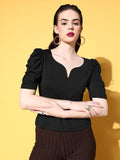Berrylush Black Solid Sweetheart Neck Puff Sleeves Top