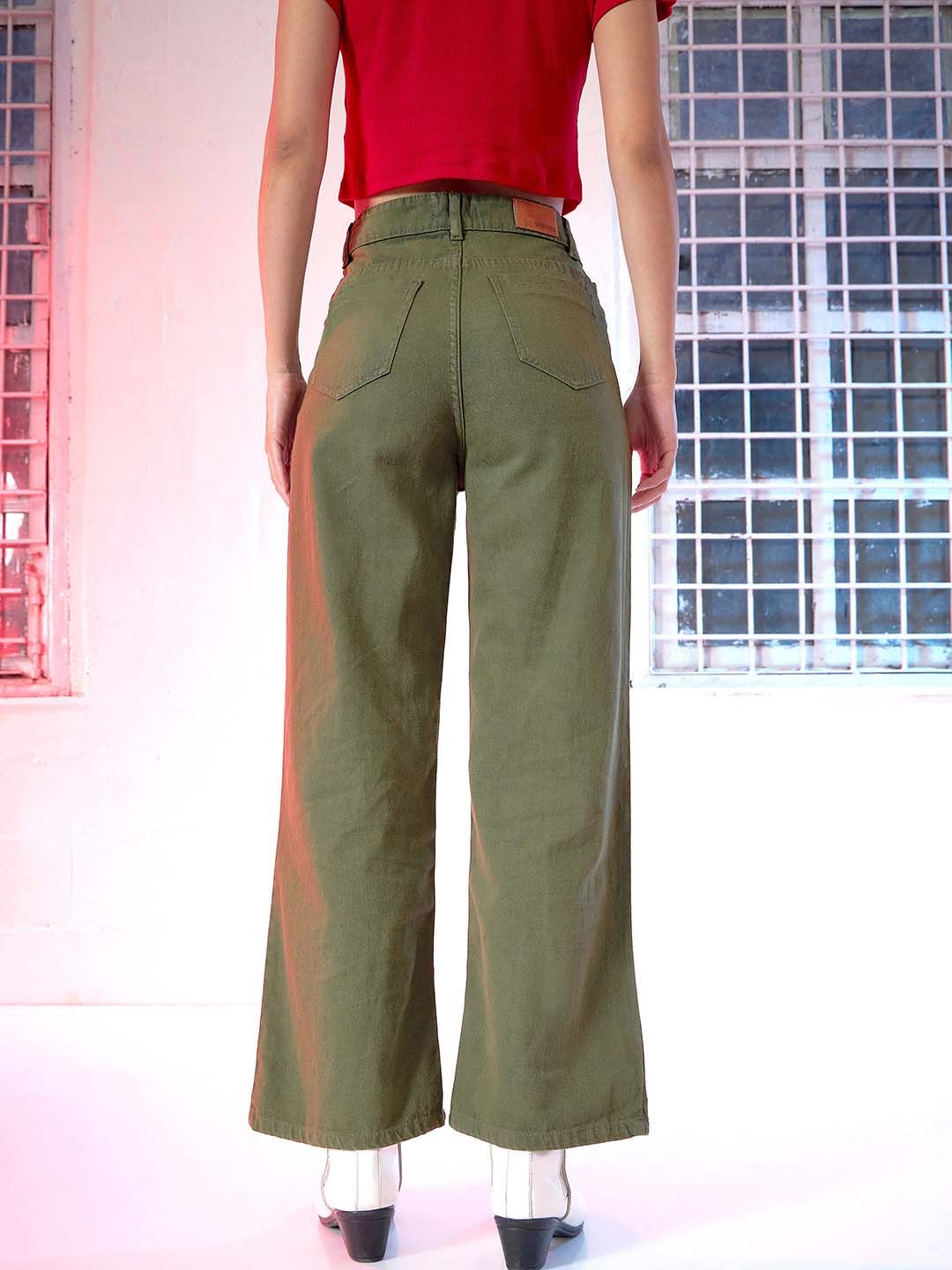 SASSAFRAS Women Olive Green Wide Leg High-Rise Jeans