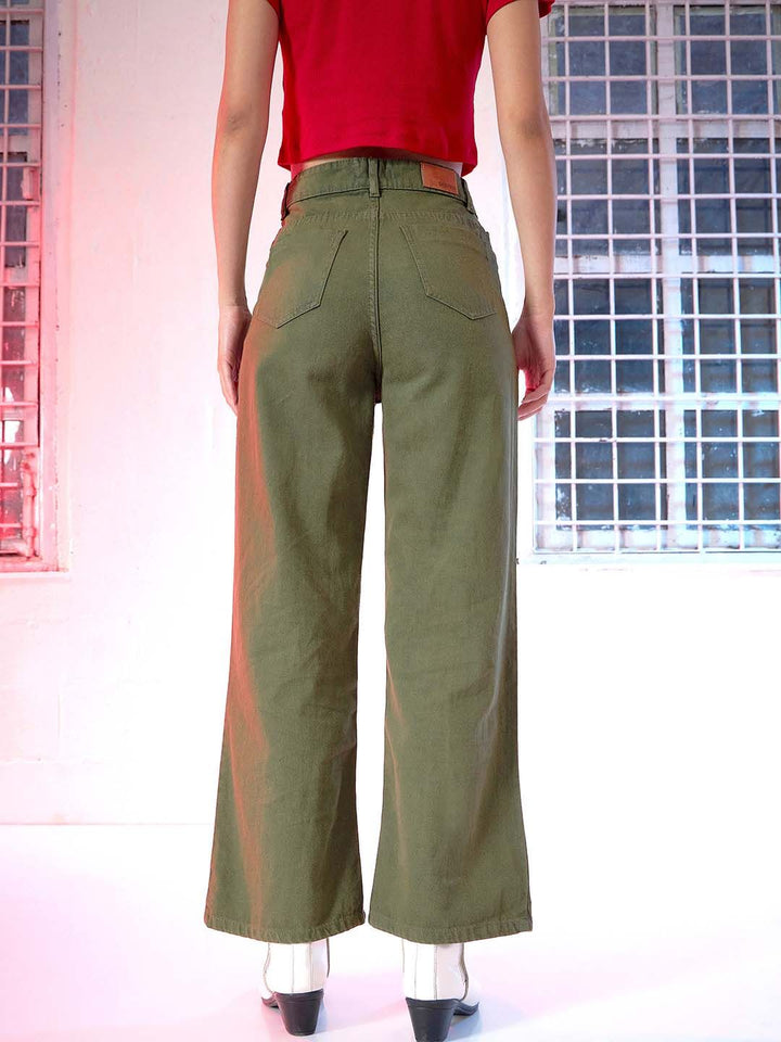 SASSAFRAS Women Olive Green Wide Leg High-Rise Jeans