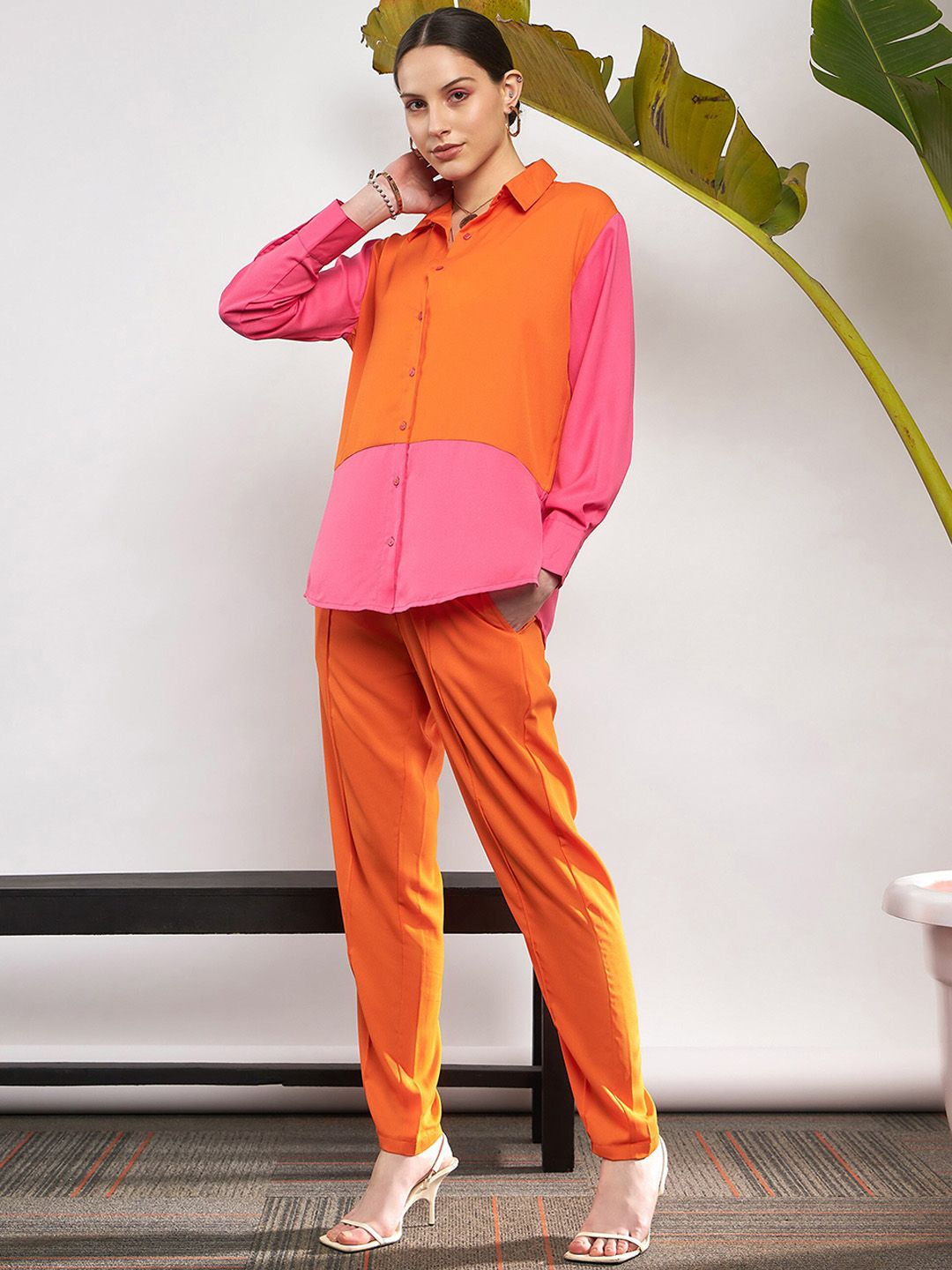 SASSAFRAS Orange Colorblocked Shirt & Trouser