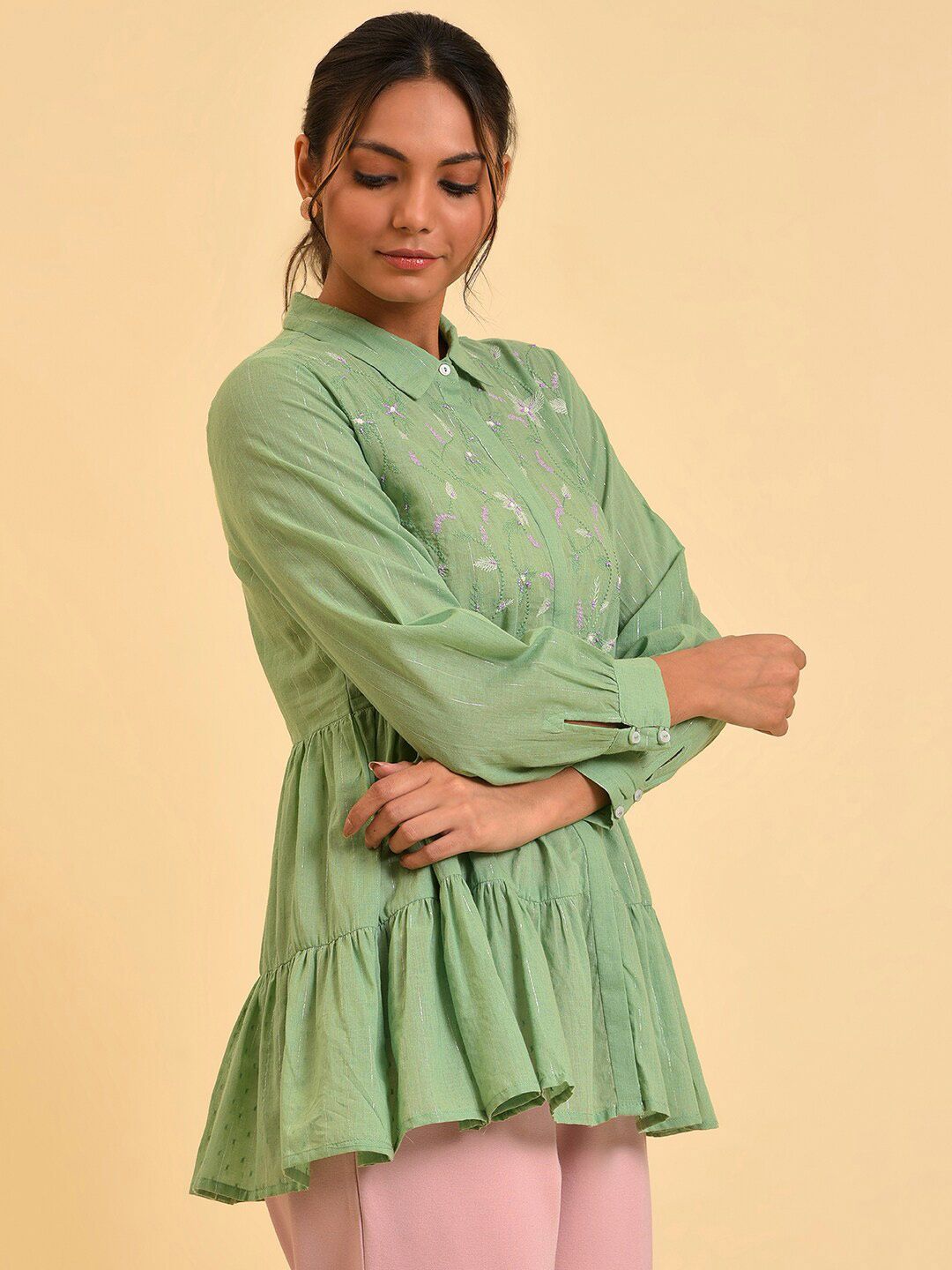 W Green Floral Printed Cotton Shirt Style Top