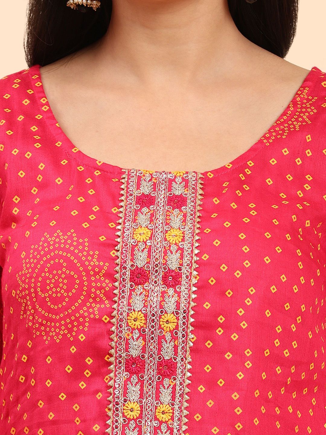 Mamicha Women Bandhani Embroidered Regular Pure Cotton Kurta with Palazzos & With Dupatta