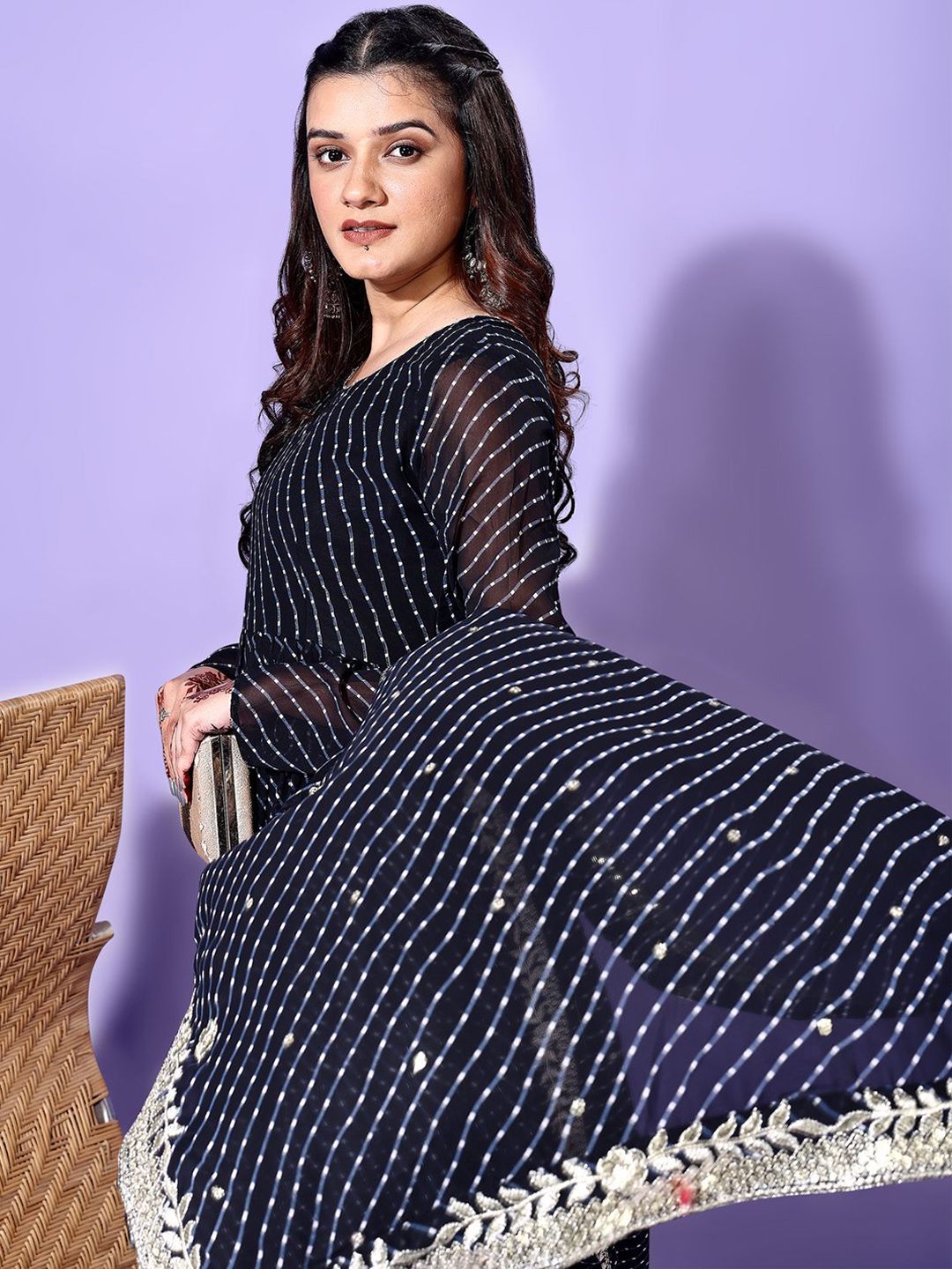 KALINI Leheriya Printed Round Neck Tiered Anarkali Kurta with Pyjamas & Dupatta
