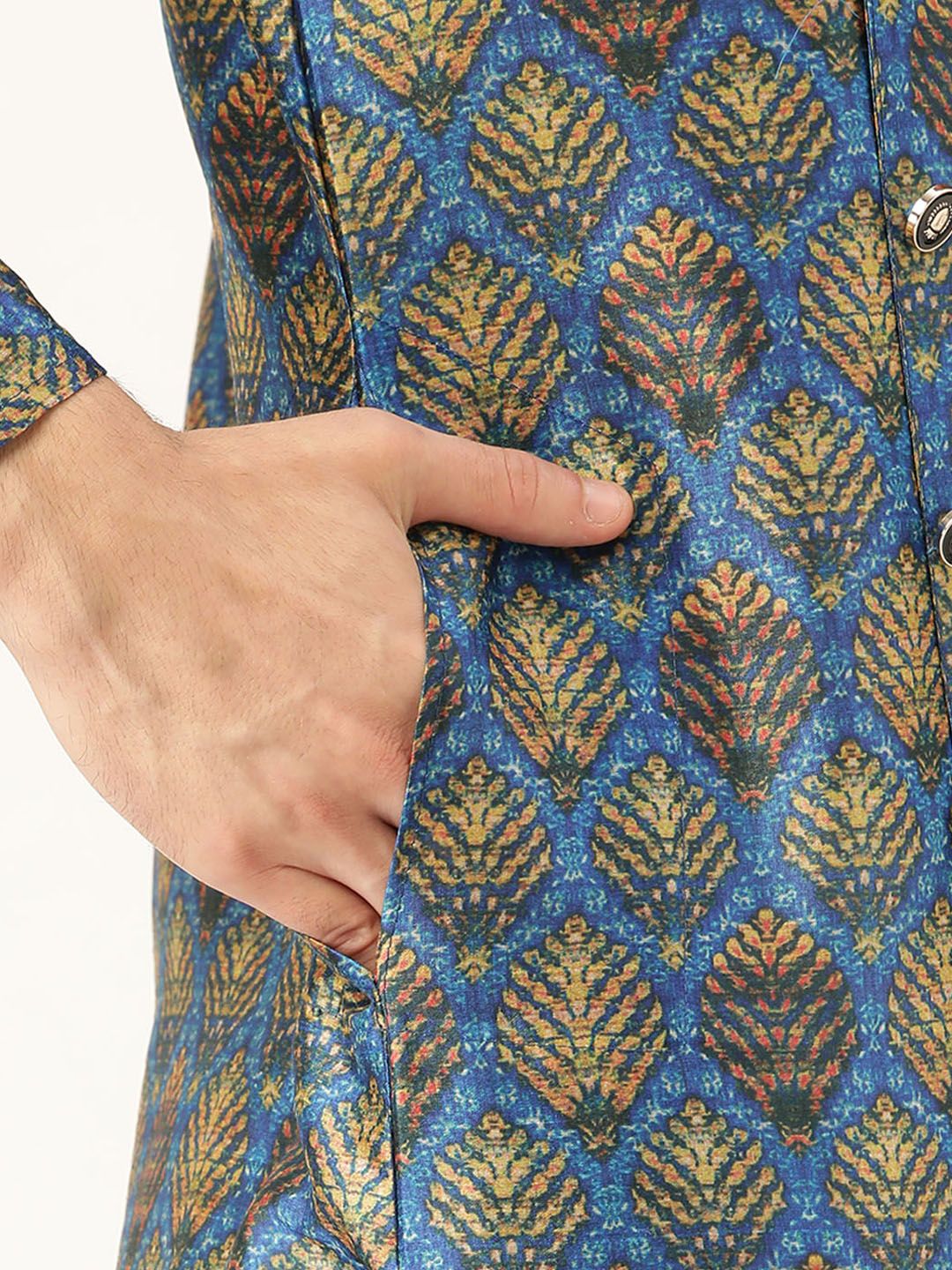 SOJANYA Lelaki Blue & Yellow Printed Angrakha Straight Kurta