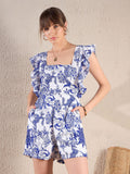 SASSAFRAS Blue Floral Printed Square Neck Playsuit