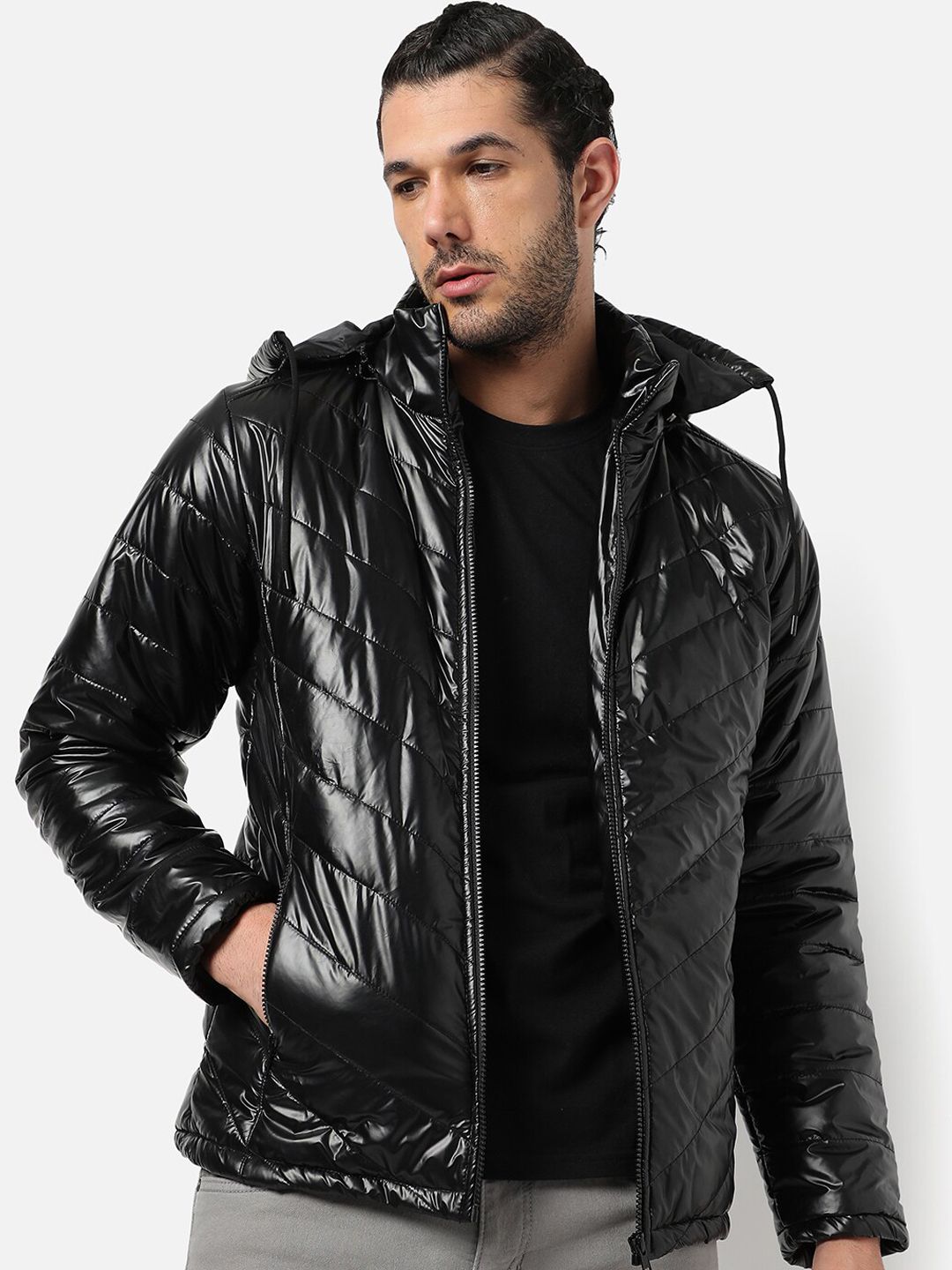 Campus Sutra Men Black Windcheater Outdoor Bomber Jacket