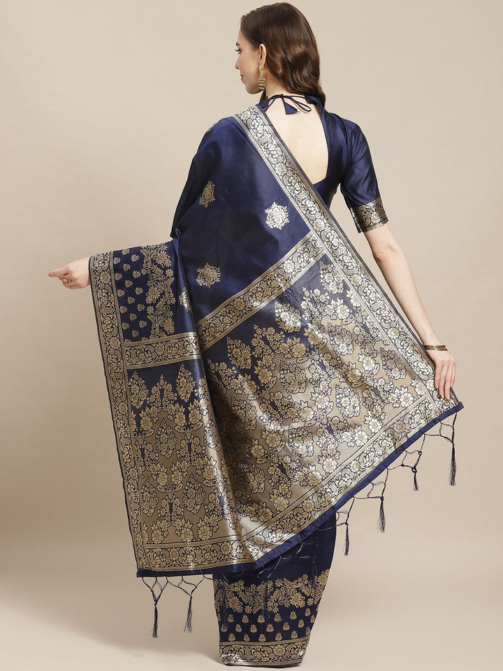 Saree mall Navy Blue & Golden Ethnic Floral Woven Design Banarasi Saree