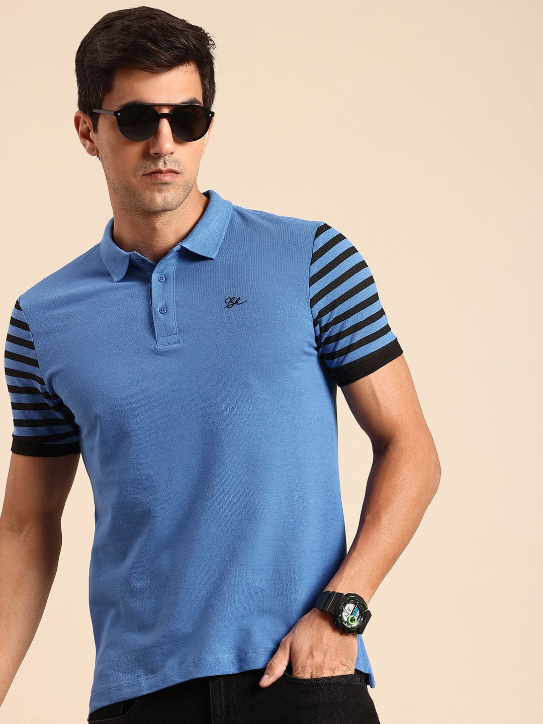 Being Human Striped Polo Collar Pure Cotton T-shirt