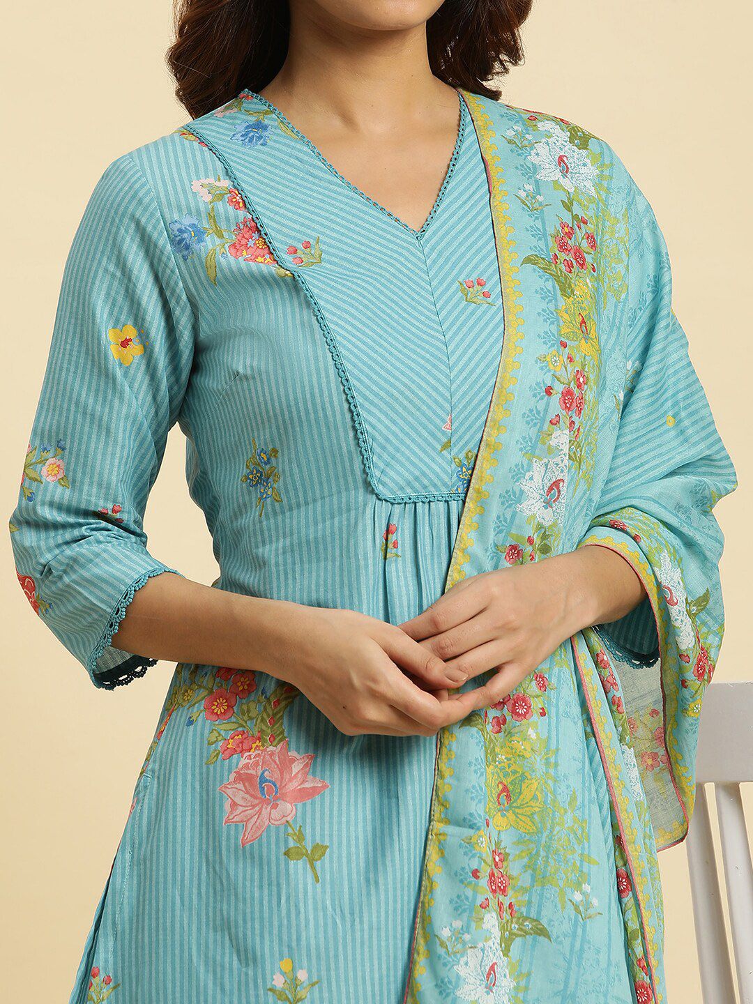 W Floral Printed V-Neck Pure Cotton A-Line Kurta & Trousers With Dupatta