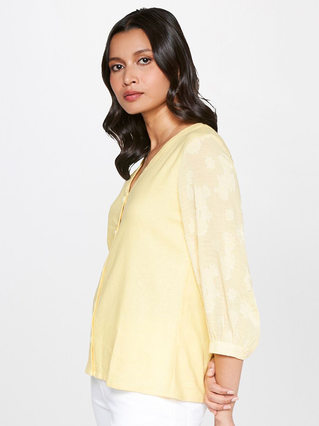 AND V-Neck Puff Sleeves Shirt Style Top