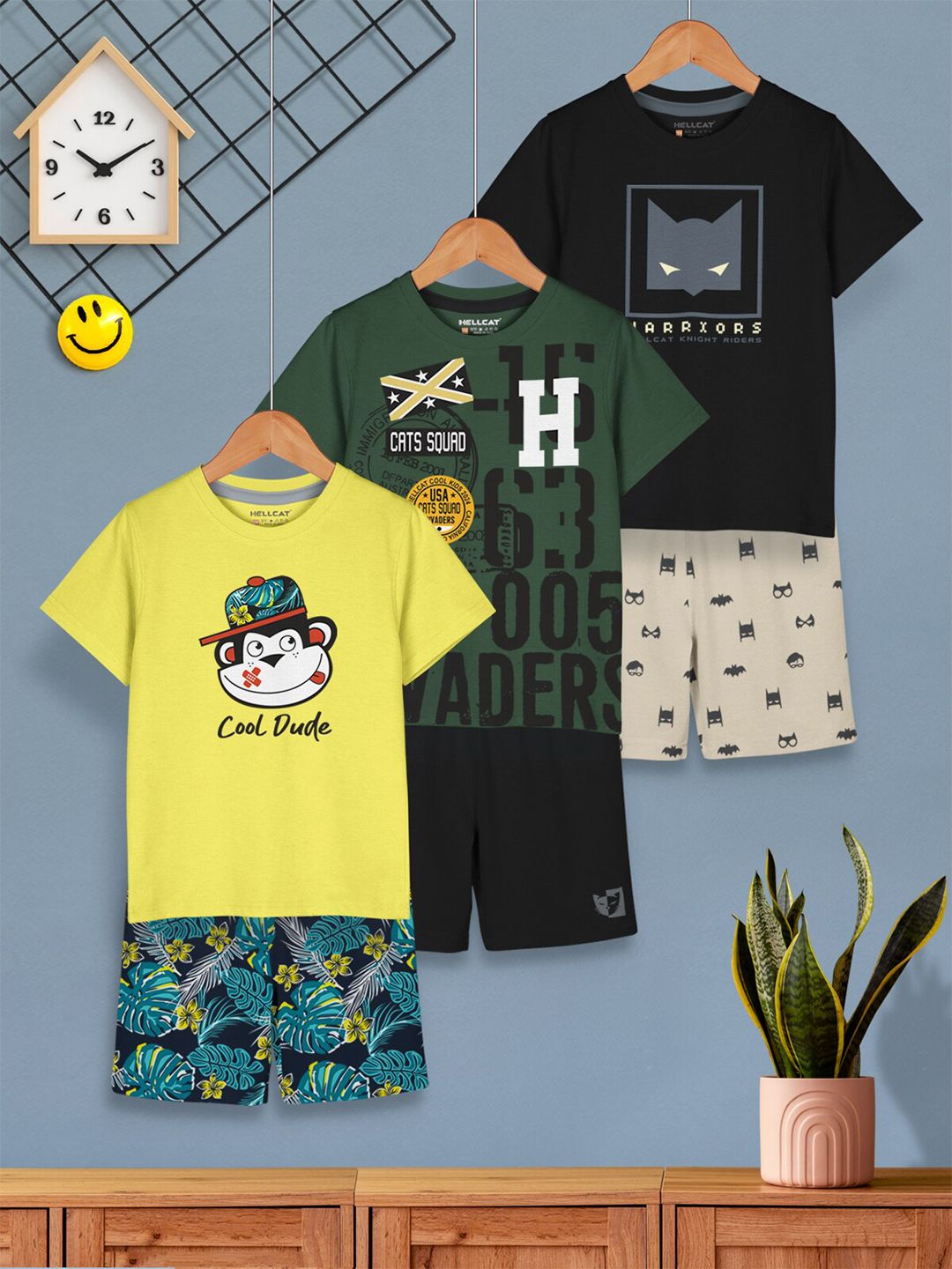 HELLCAT Boys Pack Of 3 Printed T-shirt with Shorts