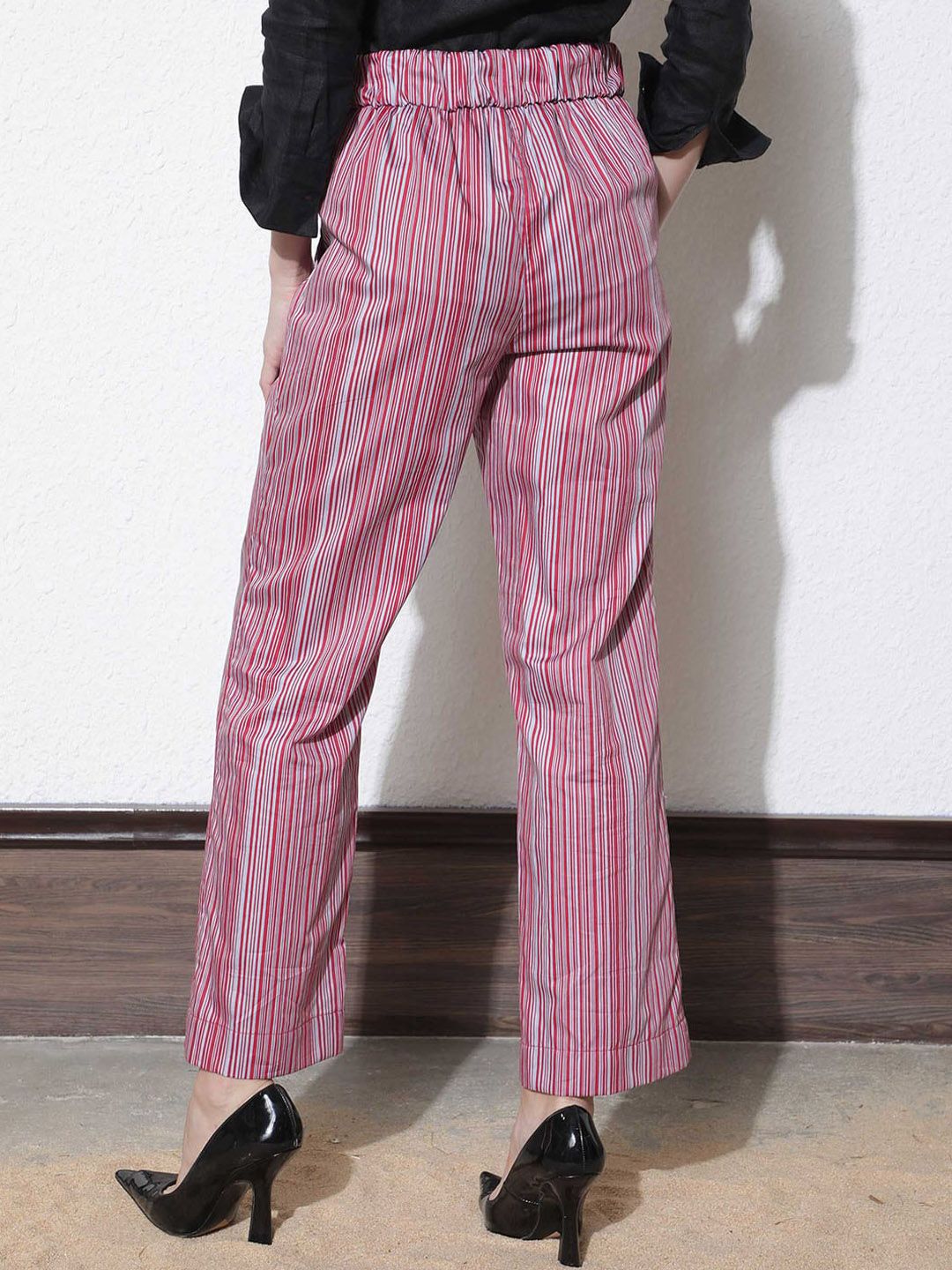 RAREISM Women Striped Slim Fit High-Rise Cotton Trousers