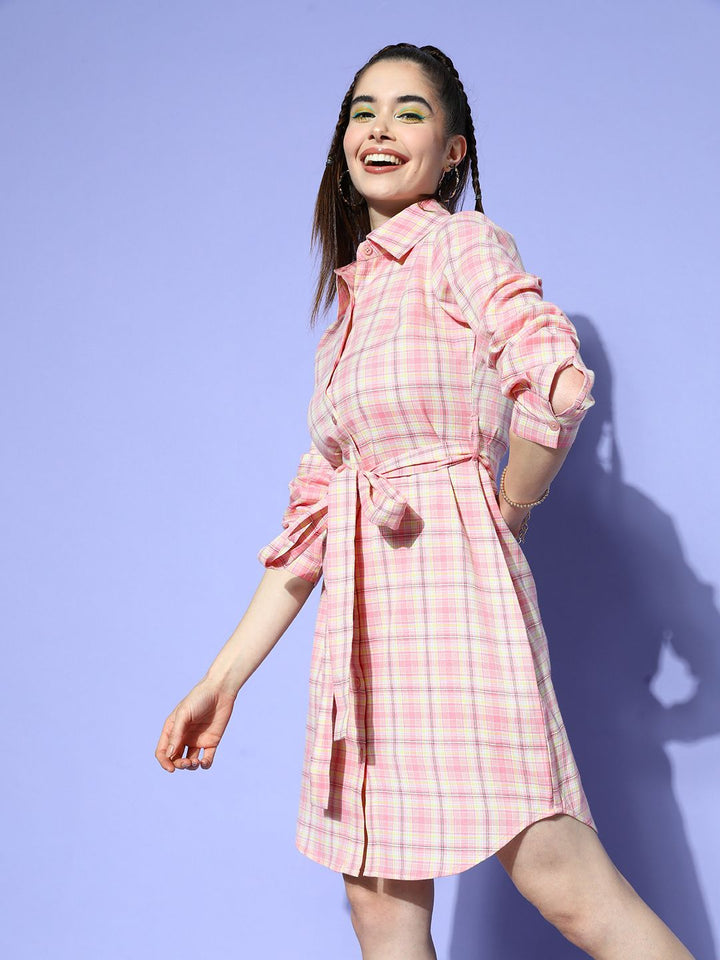 Berrylush Pink Checked Crepe Shirt Dress