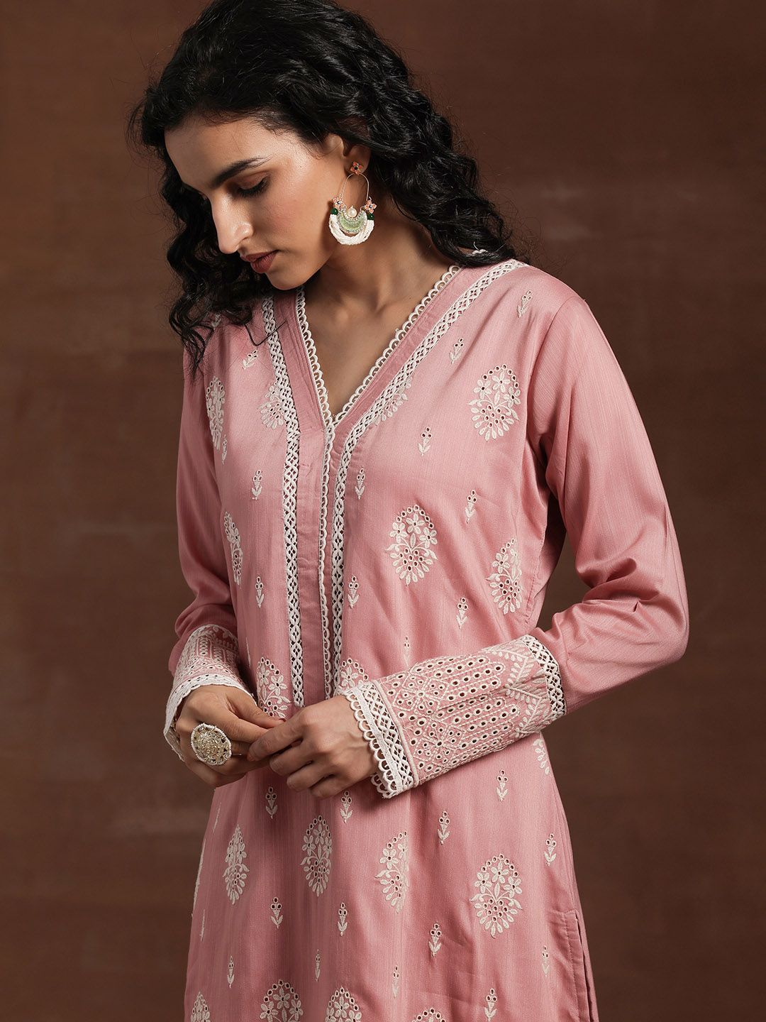 Libas Floral Embroidered V-Neck Long Sleeves Thread Work Kurta Set