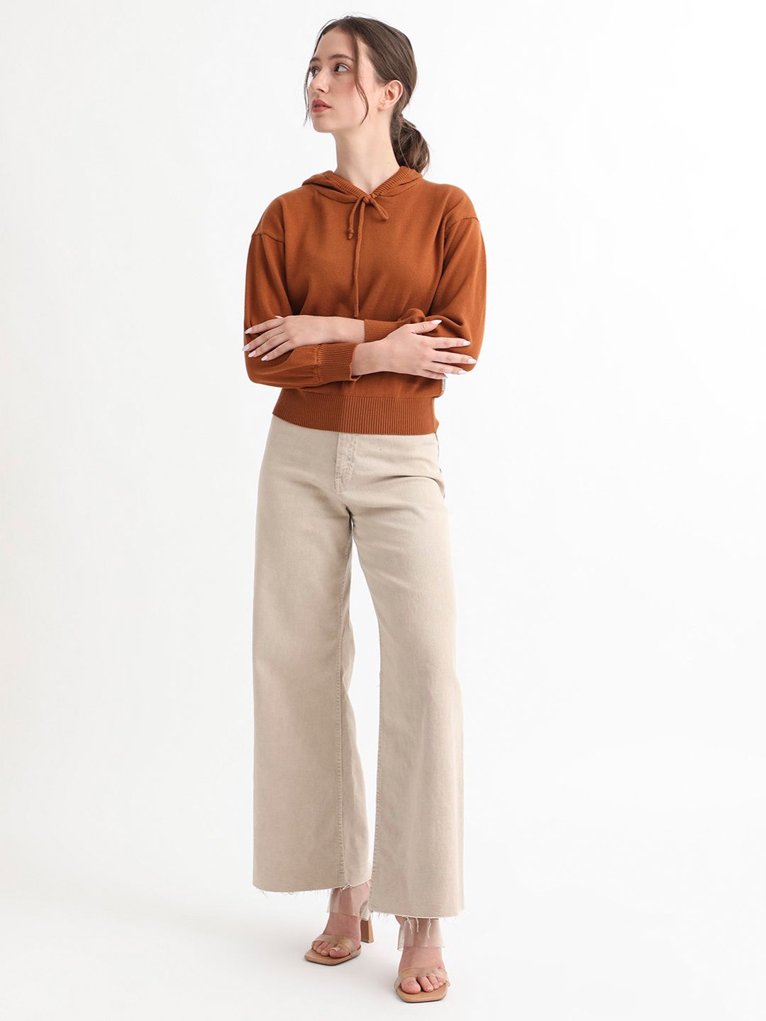 RAREISM Women Rust & Brown Crop Cotton Pullover