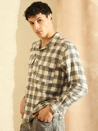 DENNISON Smart Oversized Checked Cuban Collar Flannel Weave Cotton Casual Shirt