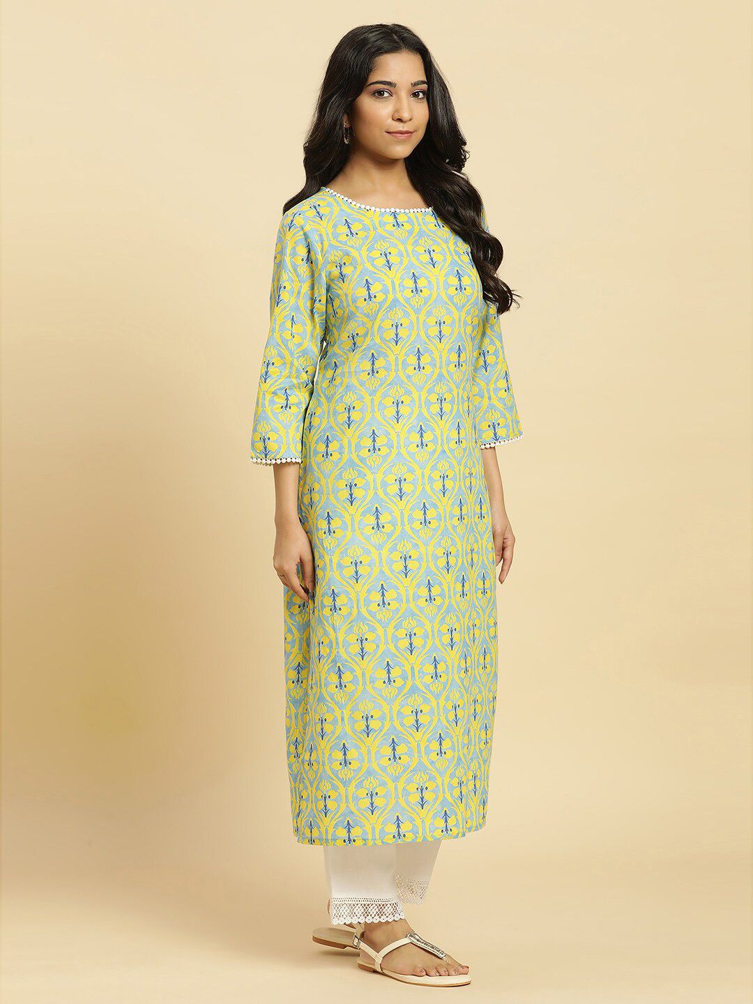 W Floral Printed Cotton Straight Kurta