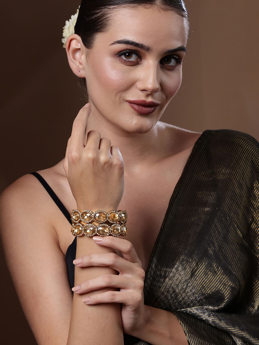 Set PANASH Daripada 2 Gelang Bertampal Berlian Amerika Bersalut Emas