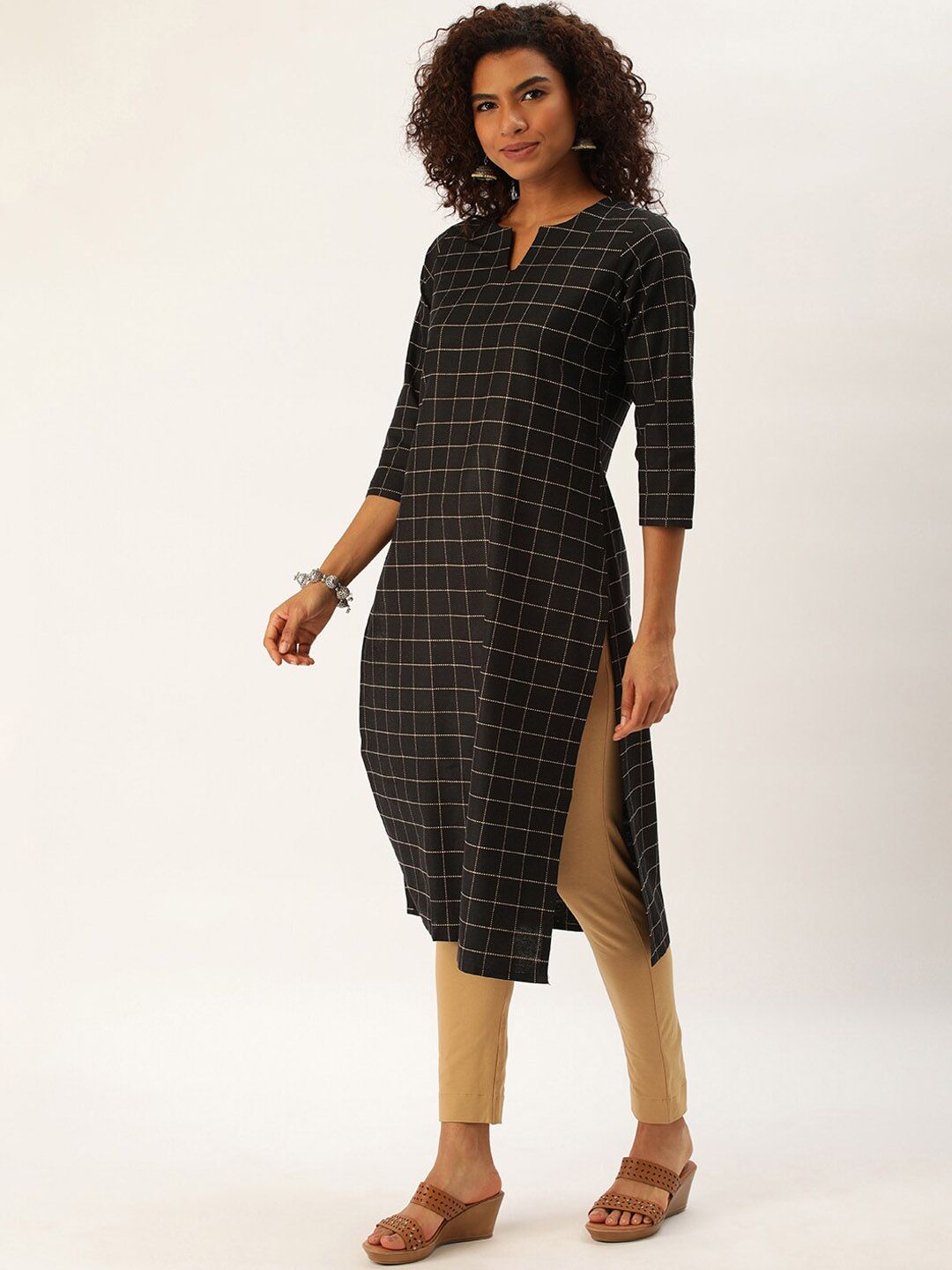 KALINI Women Checked Keyhole Neck Thread Work Kurta