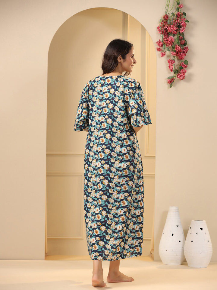 SANSKRUTIHOMES Navy Blue Floral Printed Pure Cotton Maxi Nightdress