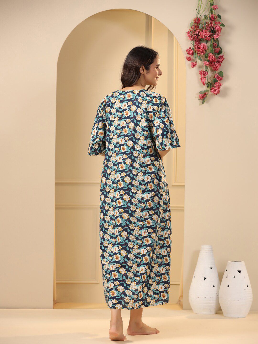 SANSKRUTIHOMES Navy Blue Floral Printed Pure Cotton Maxi Nightdress