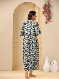 SANSKRUTIHOMES Navy Blue Floral Printed Pure Cotton Maxi Nightdress