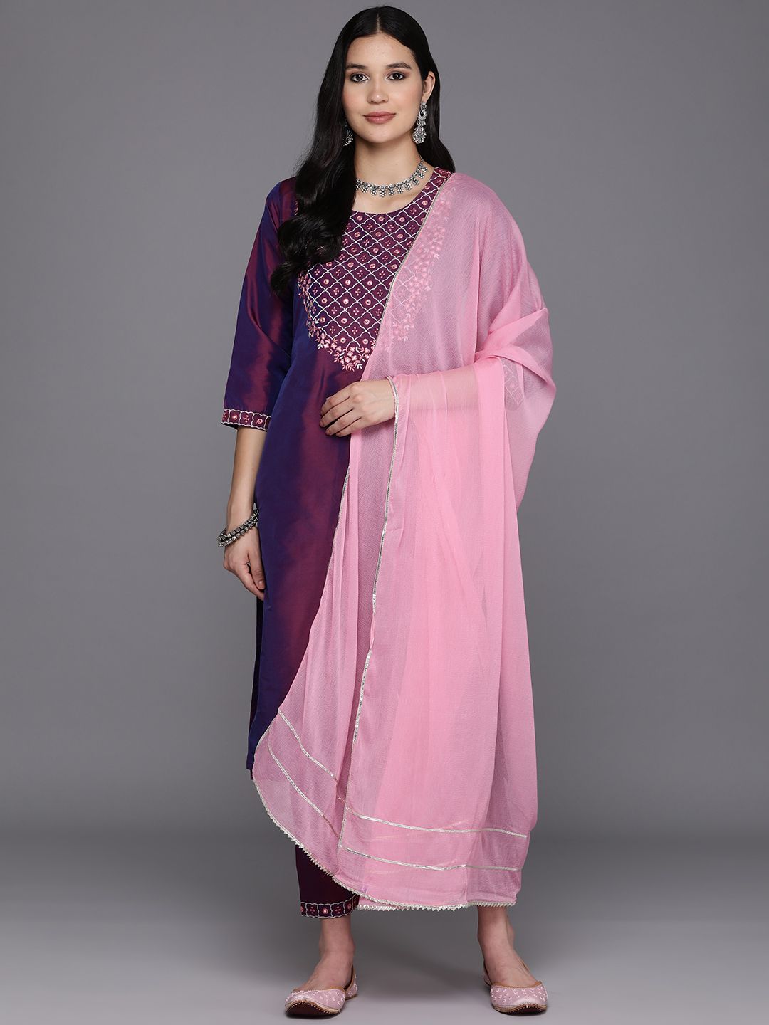 Libas Floral Embroidered Regular Mirror Work Kurta With Trousers & Dupatta