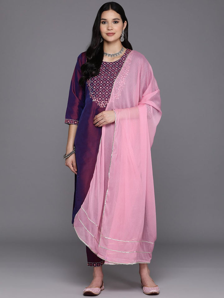 Libas Floral Embroidered Regular Mirror Work Kurta With Trousers & Dupatta