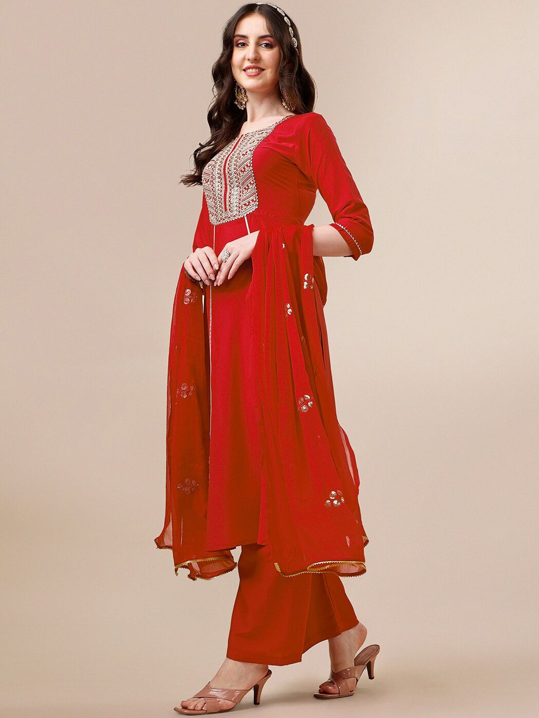 KALINI Ethnic Motifs Embroidered Zardozi A-Line Kurta With Palazzos & Dupatta