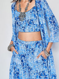 Global Desi Floral Printed Top With Shrug & Trousers Co-Ords