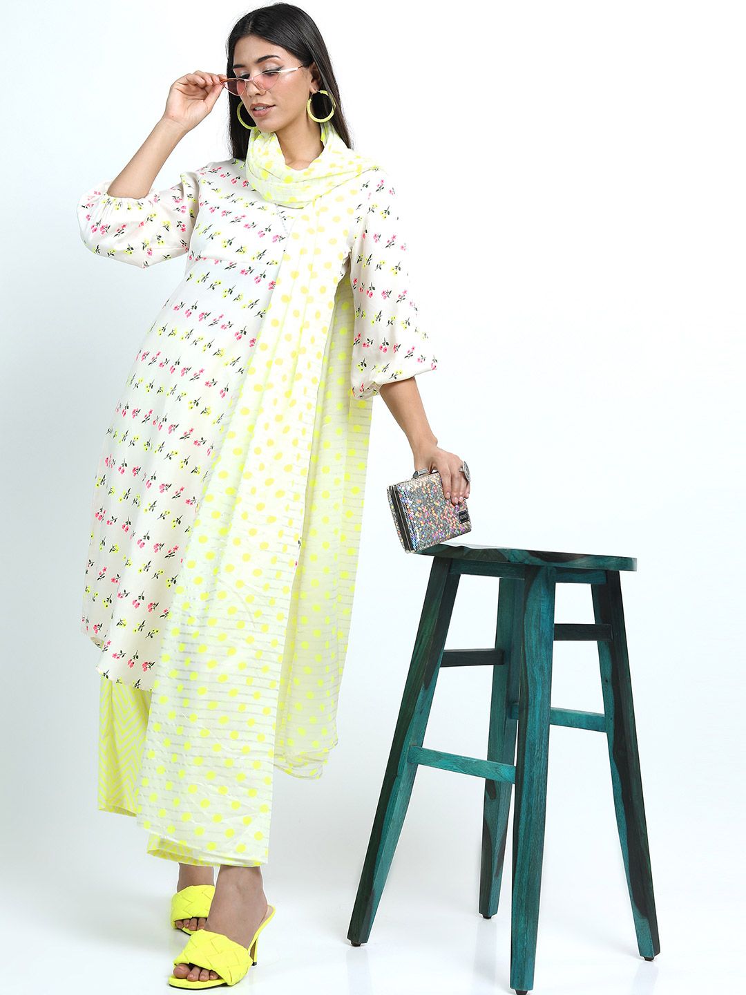Vishudh Women Off White Floral Printed Angrakha Kurta with Trousers and dupatta