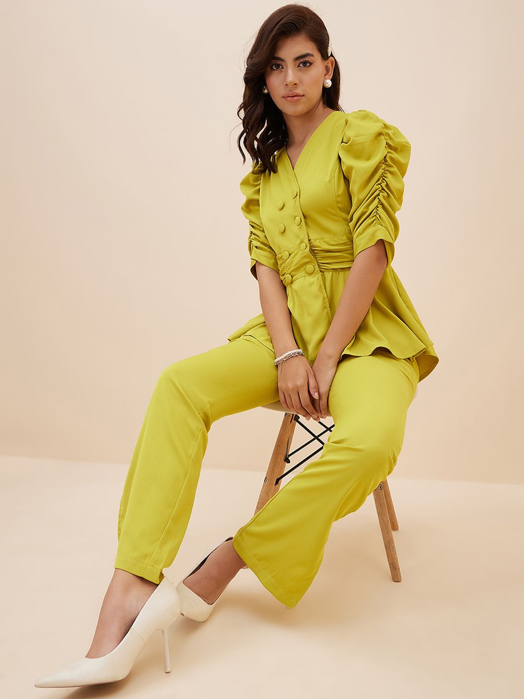 Antheaa Ruched Peplum Top With Trousers