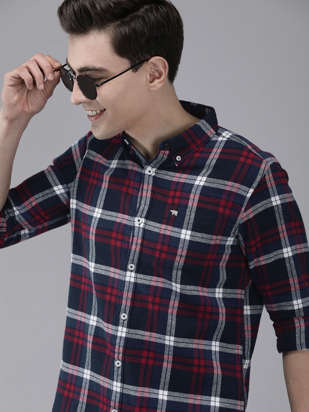 THE BEAR HOUSE Men Navy Blue Slim Fit Tartan Checked Flannel Pure Cotton Casual Shirt