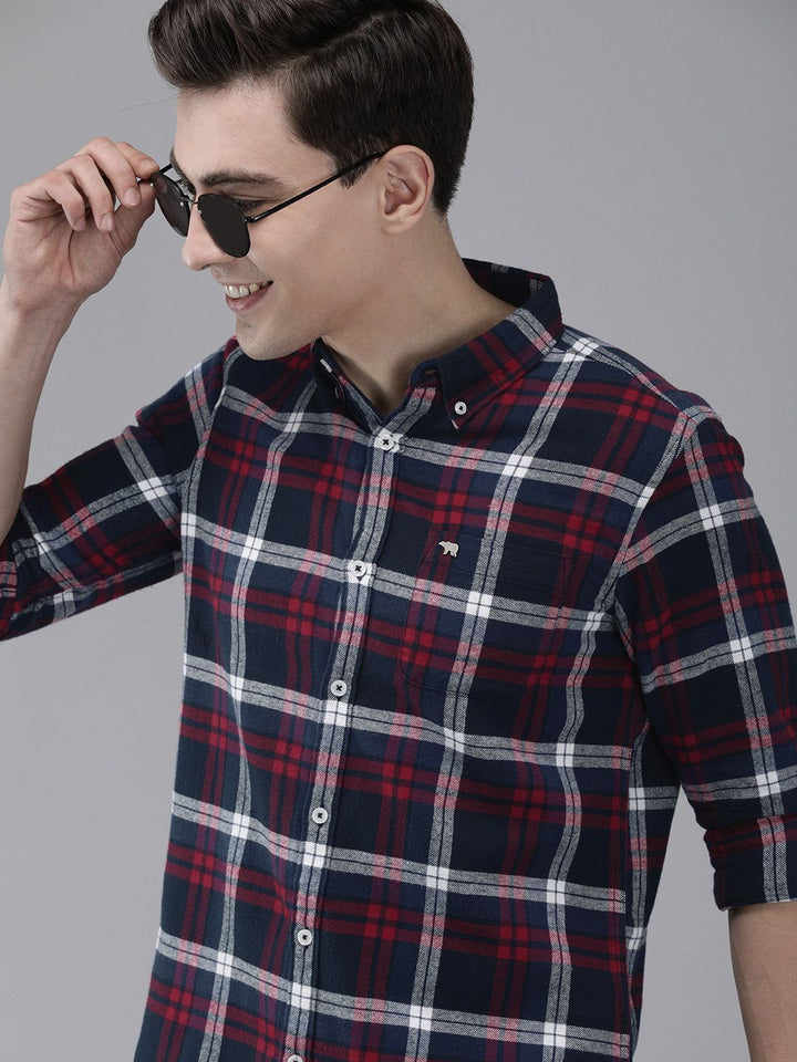 THE BEAR HOUSE Men Navy Blue Slim Fit Tartan Checked Flannel Pure Cotton Casual Shirt