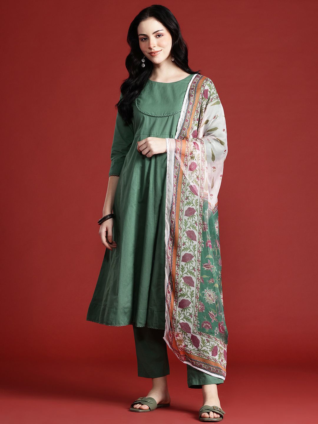 Anouk Panelled Kurta with Trousers & Dupatta