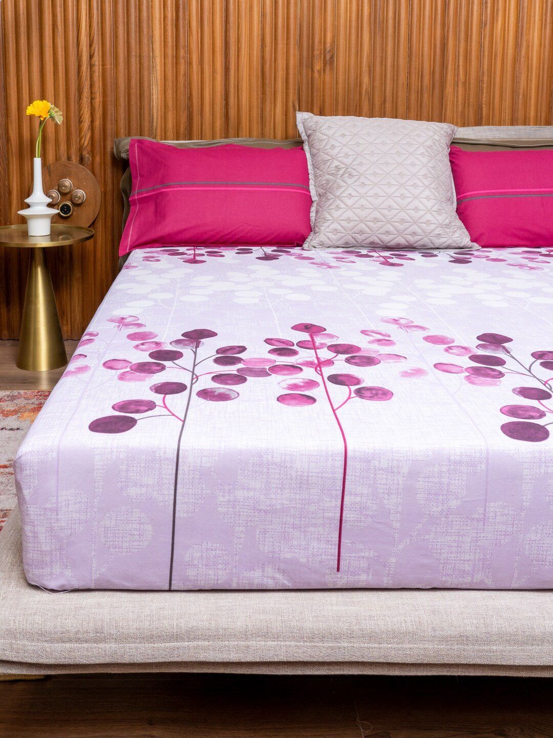 URBAN SPACE Divine Purple Floral 144 TC Pure Cotton Queen Bedsheet With 2 Pillow Covers